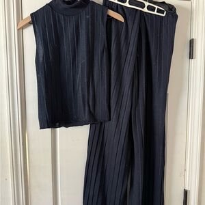 Zara Navy Ribbed Sleeveless Top & Wide-Leg Pants Set